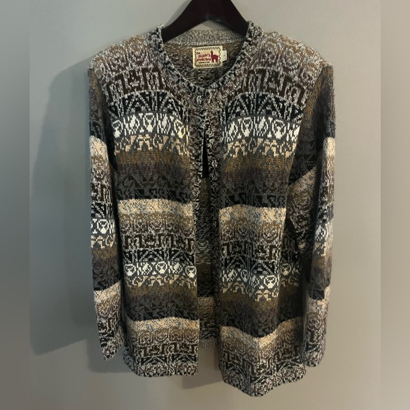 The Alpaca Connection Fair Isle Brown Black Cardigan 100% Alpaca Wool Sweater - Picture 1 of 11